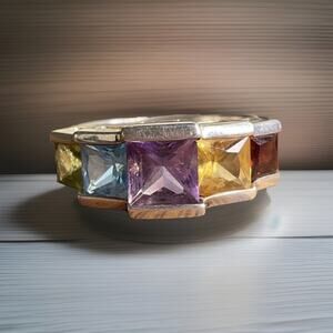 Vintage Sterling Silver Multi Gemstone Ring Rainbow Band Gemstones Ring Sz 7.5